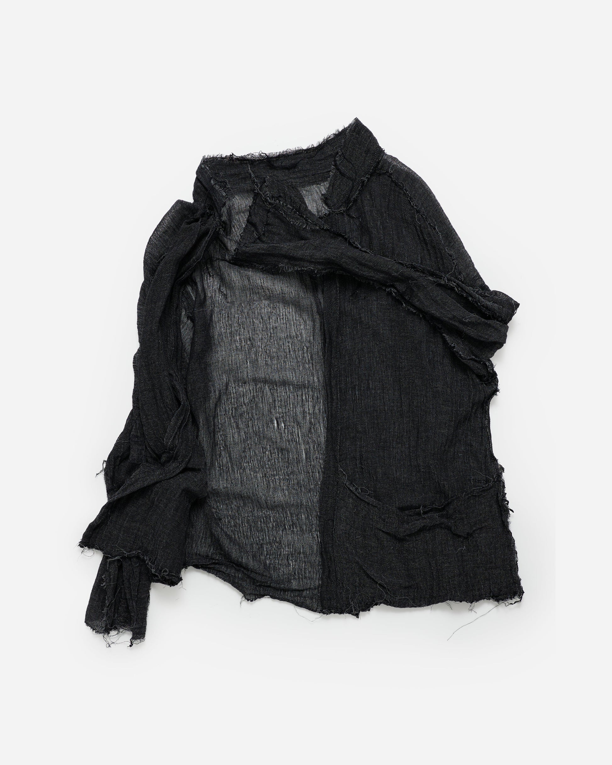 A black distressed linen shirt with raw, frayed edges and a sheer inner lining, laid flat on a white background.