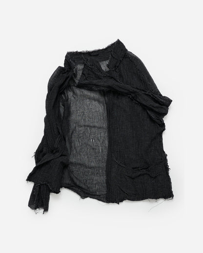 A black distressed linen shirt with raw, frayed edges and a sheer inner lining, laid flat on a white background.